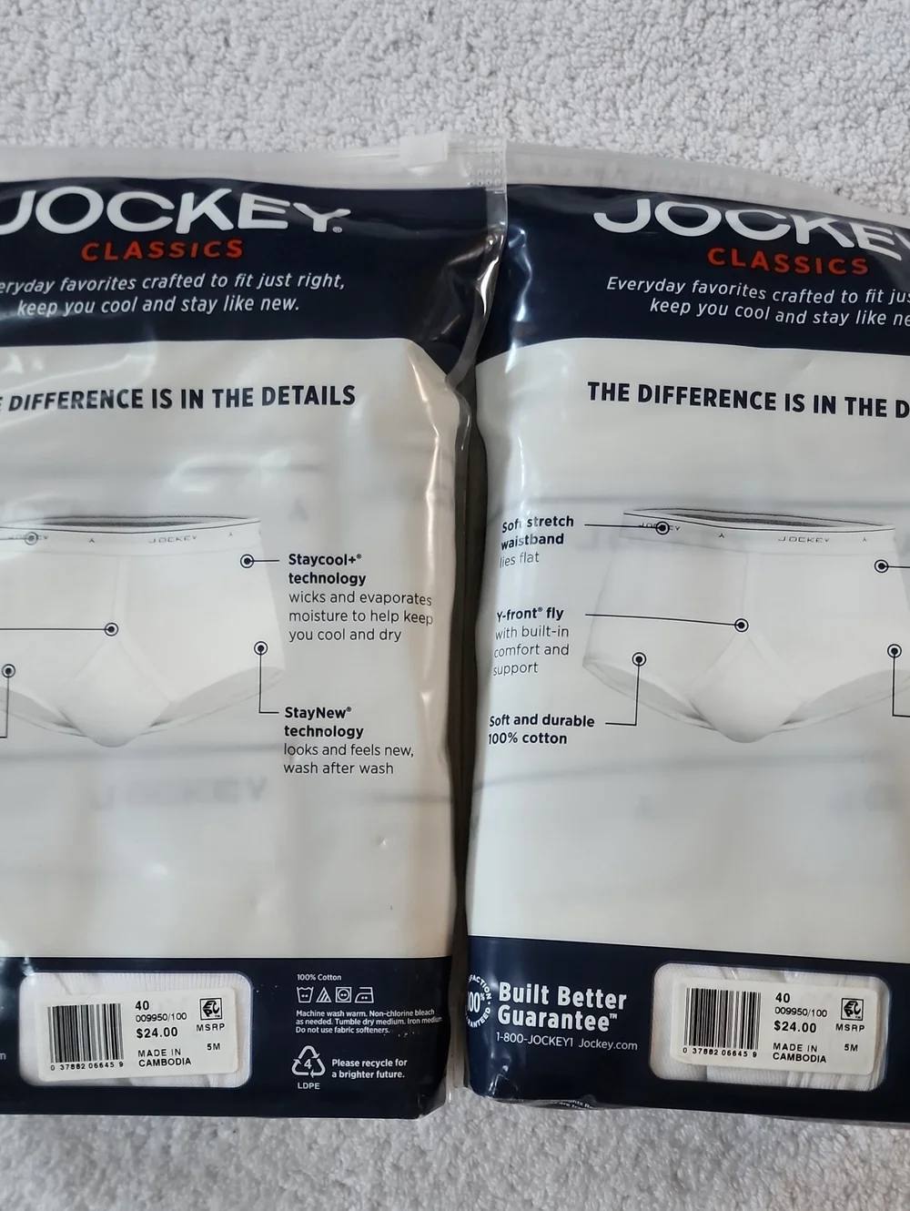 Jockey Classics Men’s White 100% Cotton Full-Rise Briefs - 3 Pack Lot Of 2 New